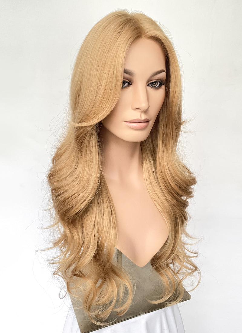 Golden Blonde Curtain Bangs Wavy Lace Front Synthetic Hair Wig LF3341