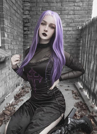 Purple Money Piece Straight Lace Front Synthetic Wig LF5105