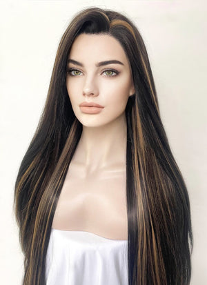 Dark Brown With Golden Brown Highlights Straight Lace Front Synthetic Wig LF5169