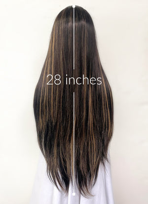 Dark Brown With Golden Brown Highlights Straight Lace Front Synthetic Wig LF5169