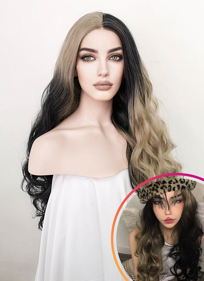 Blonde Black Split Gemini Color Wavy Lace Front Synthetic Wig LF5104