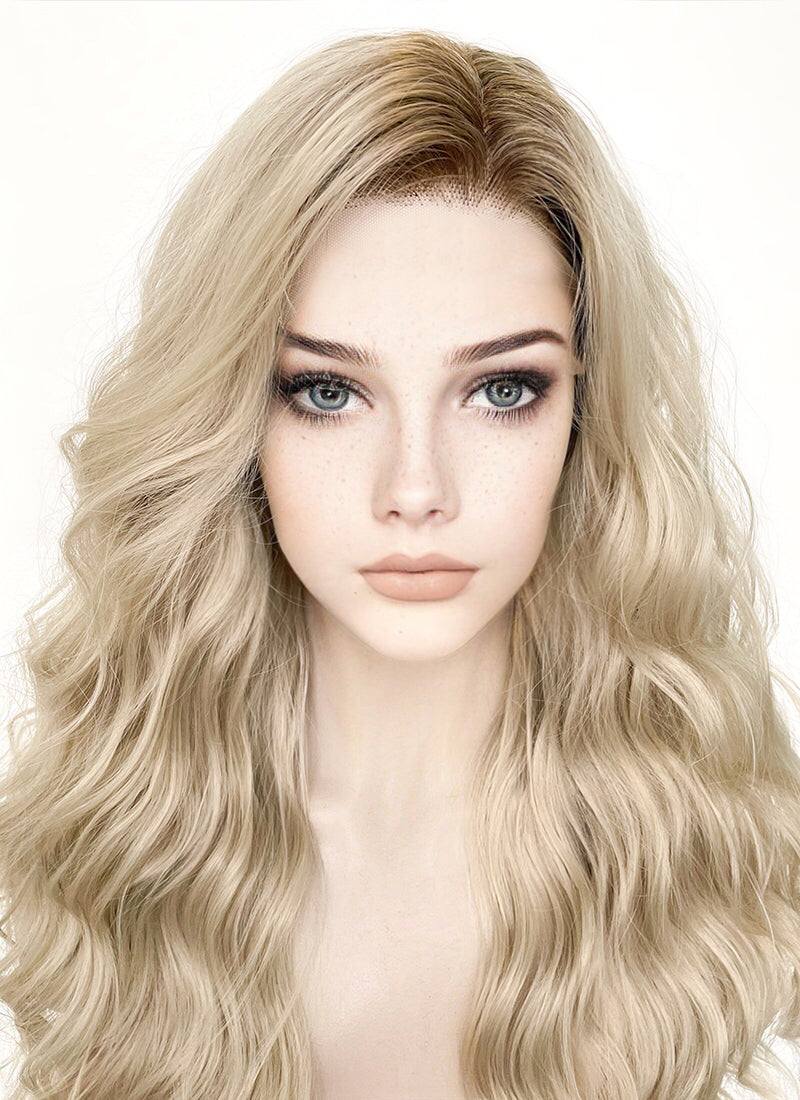 Ash Blonde With Brown Roots Wavy Lace Front Synthetic Wig LFK5501