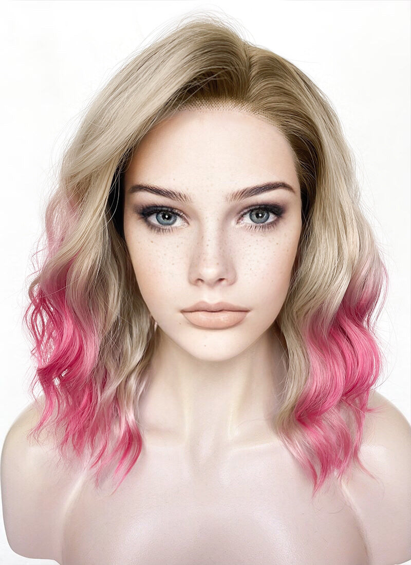 Blonde Mixed Pink With Dark Roots Wavy Lace Front Synthetic Hair Wig LFK5551