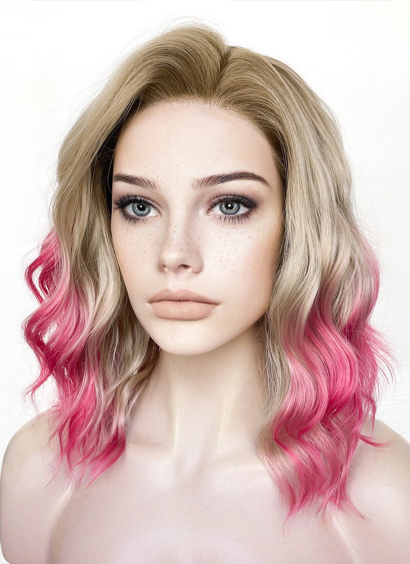 Blonde Mixed Pink With Dark Roots Wavy Lace Front Synthetic Hair Wig LFK5551