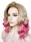 Blonde Mixed Pink With Dark Roots Wavy Lace Front Synthetic Hair Wig LFK5551