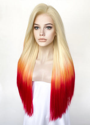 Blonde Yellow Red Ombre Straight Lace Front Synthetic Hair Wig LN6030