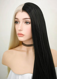 Straight Light Blonde Black Split Color Lace Wig CLW1531 (Customisable)