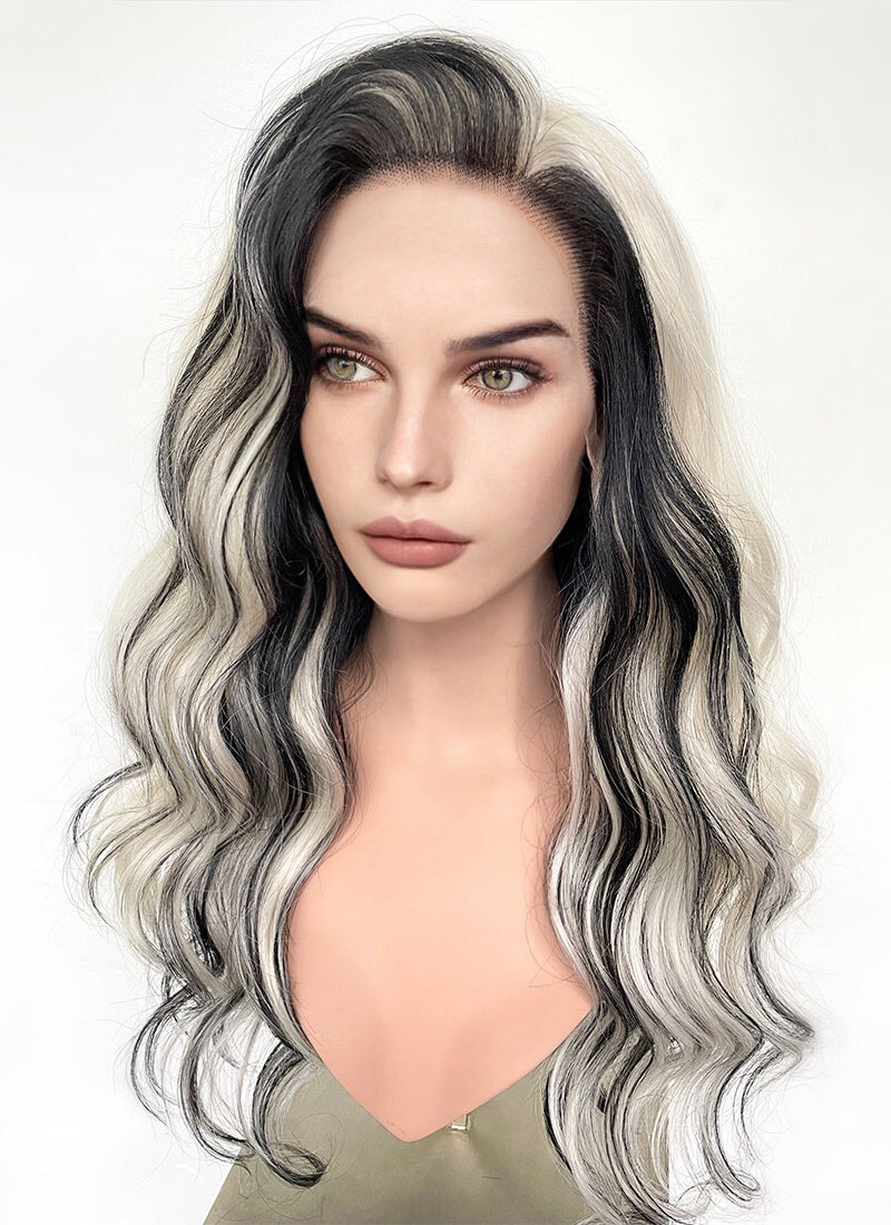 Platinum Blonde Mixed Black Wavy Lace Front Synthetic Wig LW4027