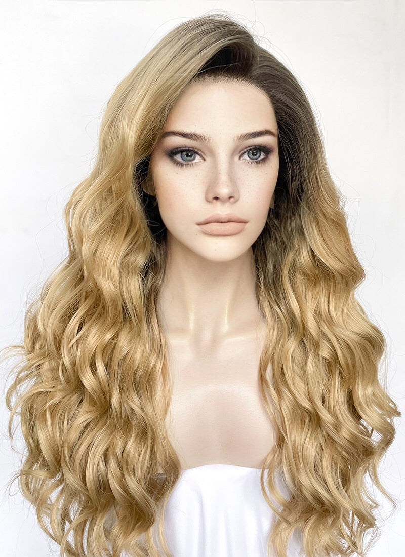 Blonde With Dark Roots Wavy Lace Front Synthetic Wig LW4032