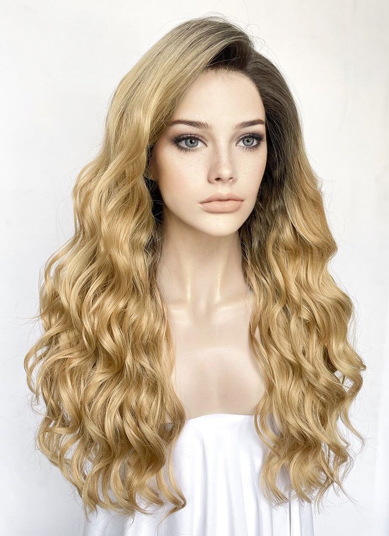 Blonde With Dark Roots Wavy Lace Front Synthetic Wig LW4032