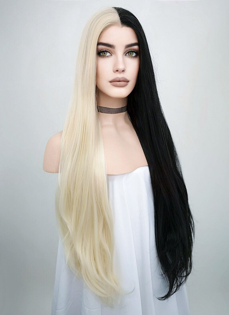 Straight Light Blonde Black Split Gemini Color Lace Front Synthetic Wig LW1531