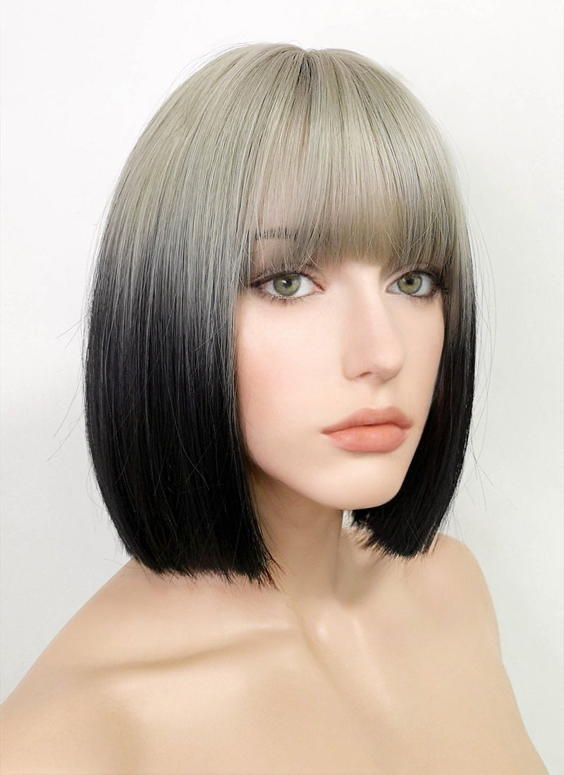 Ash Blonde Black Ombre Straight Bob Synthetic Hair Wig NS395