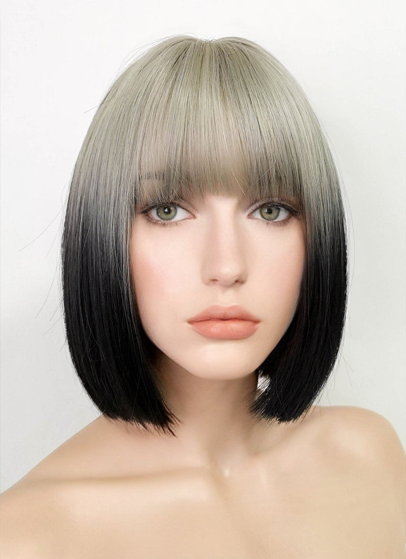 Ash Blonde Black Ombre Straight Bob Synthetic Hair Wig NS395