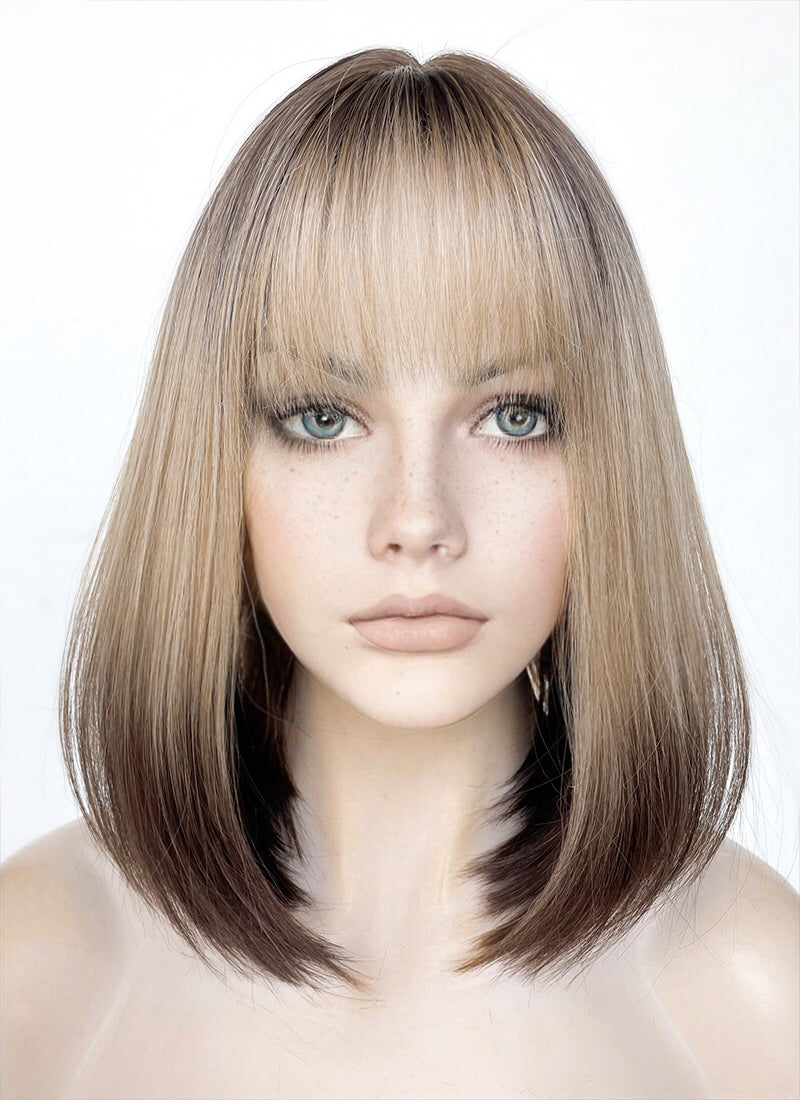 Blonde Brown Ombre With Brown Roots Straight Bob Synthetic Wig NS419