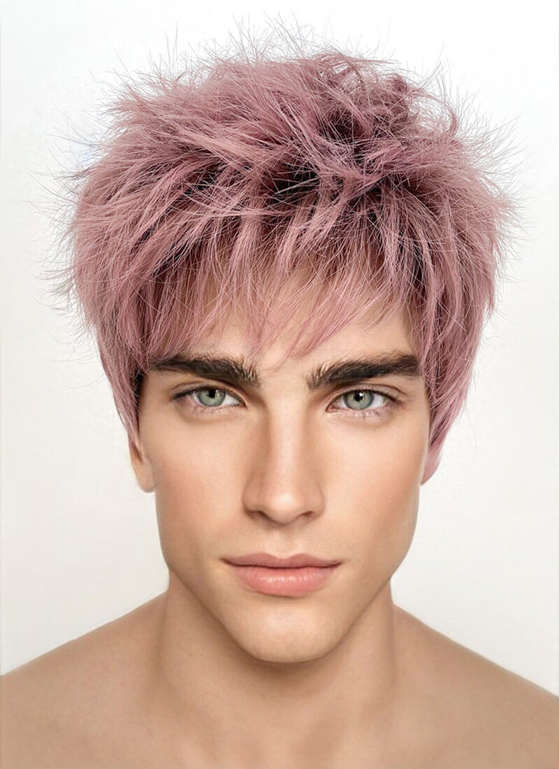 Ash Pink With Dark Roots Straight Pixie Synthetic Hair Men's Wig NS427