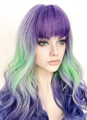 Purple Grey Green Blue Mixed Wavy Synthetic Hair Wig NS428