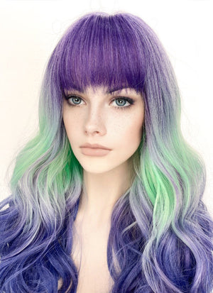 Purple Grey Green Blue Mixed Wavy Synthetic Hair Wig NS428