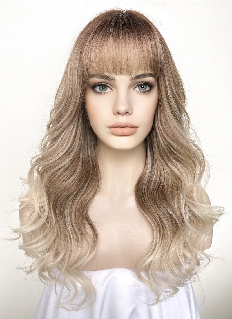 Mixed Blonde With Brown Roots Wavy Synthetic Hair Wig NS443