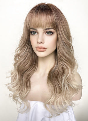 Mixed Blonde With Brown Roots Wavy Synthetic Hair Wig NS443