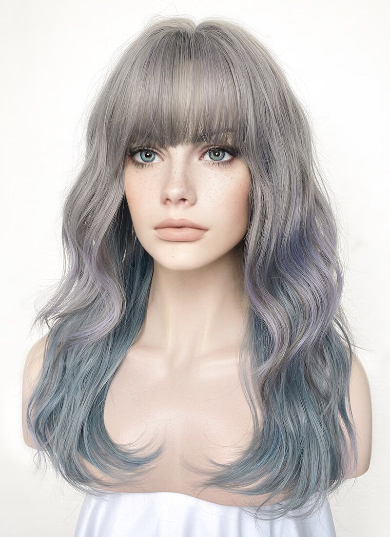 Grey Blue Mixed Wavy Synthetic Hair Wig NS484