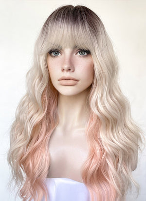 Blonde Mixed Pink With Dark Roots Wavy Synthetic Hair Wig NS486