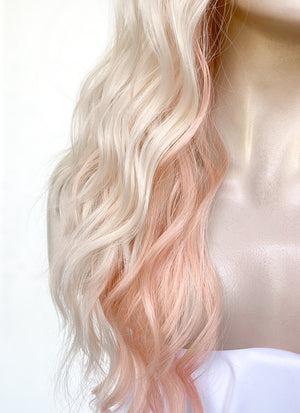 Blonde Mixed Pink With Dark Roots Wavy Synthetic Hair Wig NS486