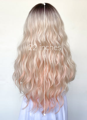 Blonde Mixed Pink With Dark Roots Wavy Synthetic Hair Wig NS486
