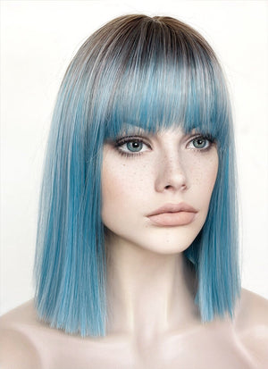 Blue With Dark Roots Straight Bob Synthetic Hair Wig NS487