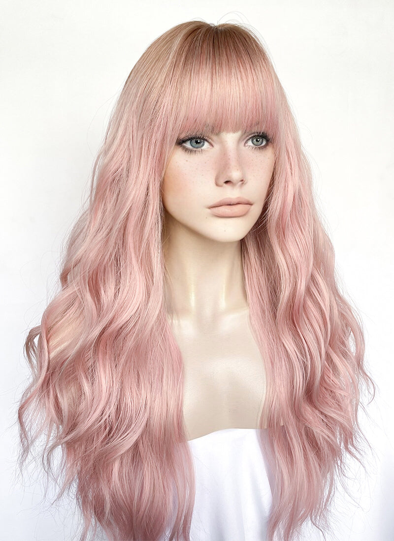 Pastel Pink With Brown Roots Wavy Synthetic Hair Wig NS516