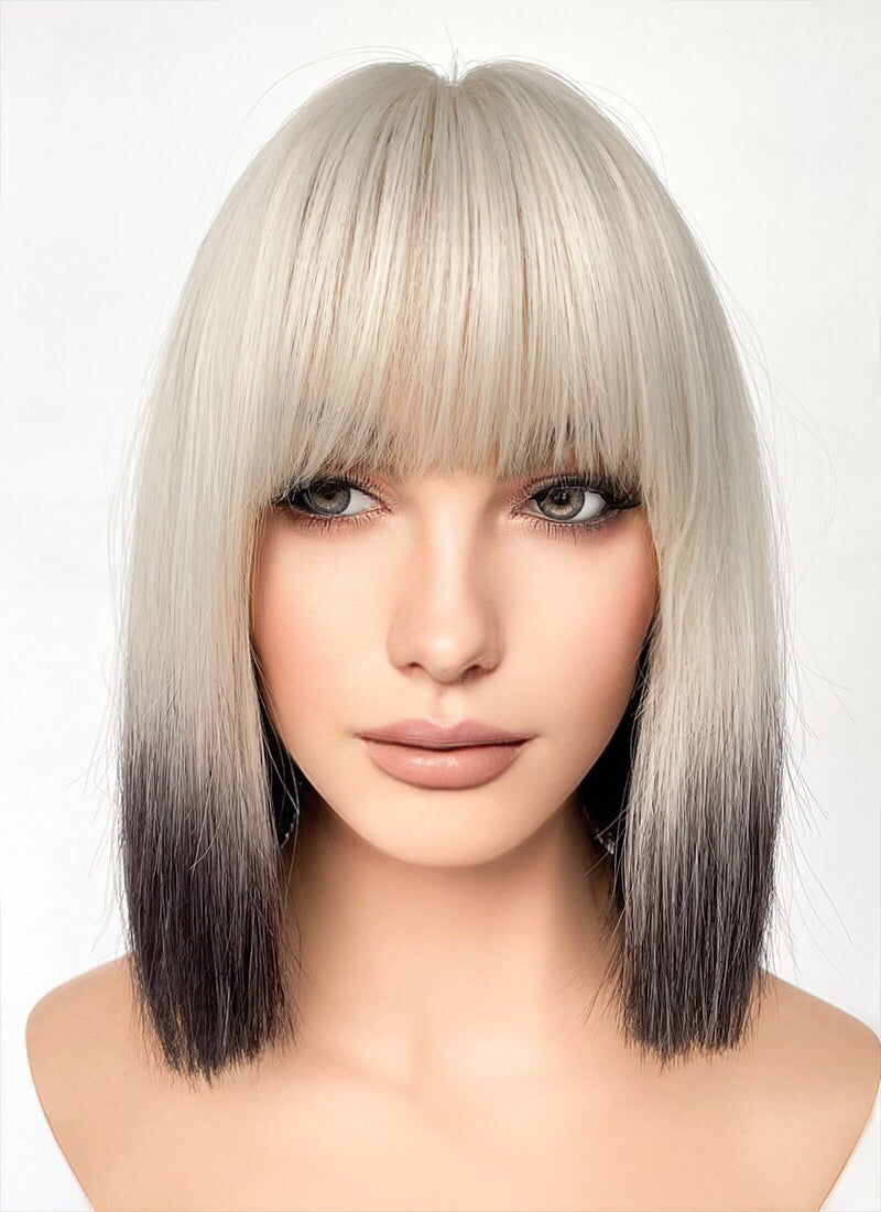 Light Ash Blonde Black Ombre Straight Bob Synthetic Hair Wig NS533